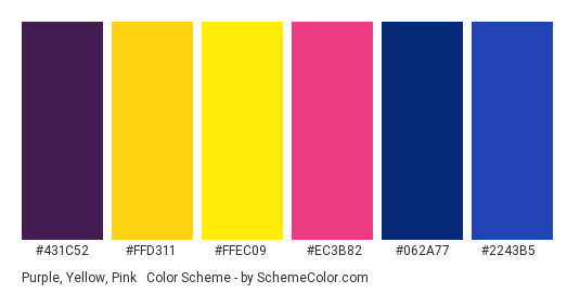 Purple, Yellow, Pink & Blue - Color scheme palette thumbnail - #431C52 #FFD311 #FFEC09 #EC3B82 #062A77 #2243B5 