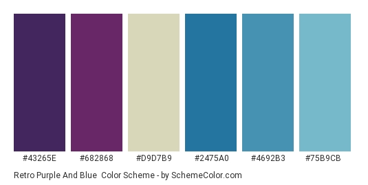 Retro Purple and Blue - Color scheme palette thumbnail - #43265E #682868 #D9D7B9 #2475A0 #4692B3 #75B9CB 