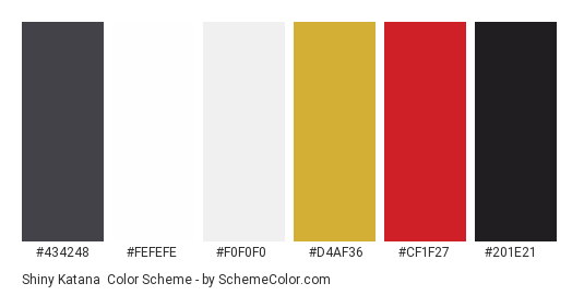 Shiny Katana - Color scheme palette thumbnail - #434248 #fefefe #f0f0f0 #d4af36 #cf1f27 #201e21 