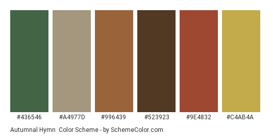 Autumnal Hymn - Color scheme palette thumbnail - #436546 #A4977D #996439 #523923 #9E4832 #C4AB4A 