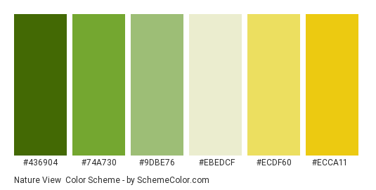 Nature View - Color scheme palette thumbnail - #436904 #74a730 #9dbe76 #ebedcf #ecdf60 #ecca11 