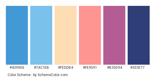 Beautiful Evening - Color scheme palette thumbnail - #4399D6 #7AC1EB #FEDDB4 #FE9591 #B35D94 #303E77 
