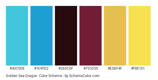 Golden Sea Dragon - Color scheme palette thumbnail - #43C5DE #1E9FD2 #260C0F #701D35 #E5BF4F #F8E151 