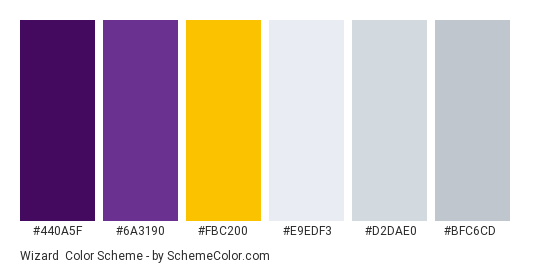 Wizard - Color scheme palette thumbnail - #440a5f #6a3190 #fbc200 #e9edf3 #d2dae0 #bfc6cd 