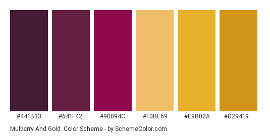 Mulberry and Gold - Color scheme palette thumbnail - #441B33 #641F42 #90094C #F0BE69 #E9B02A #D29419 