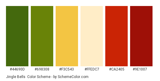 Jingle Bells - Color scheme palette thumbnail - #44690d #698308 #f3c543 #ffedc7 #ca2405 #9e1007 