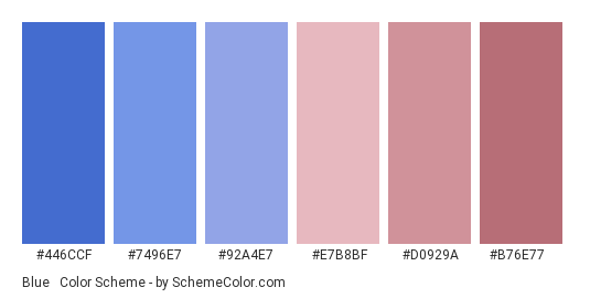 Blue & Rose Gold - Color scheme palette thumbnail - #446CCF #7496E7 #92A4E7 #E7B8BF #D0929A #B76E77 