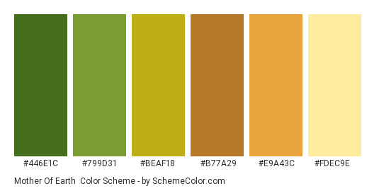 Mother of Earth - Color scheme palette thumbnail - #446E1C #799D31 #BEAF18 #B77A29 #E9A43C #FDEC9E 
