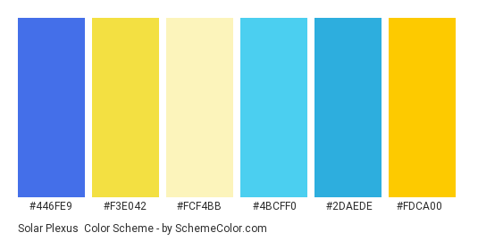 Solar Plexus - Color scheme palette thumbnail - #446fe9 #f3e042 #fcf4bb #4bcff0 #2daede #fdca00 