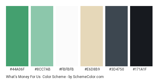What’s Money For Us - Color scheme palette thumbnail - #44a06f #8cc7ab #fbfbfb #e6d8b9 #3d4750 #171a1f 