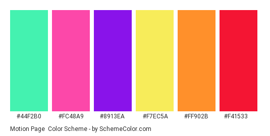 Motion Page - Color scheme palette thumbnail - #44f2b0 #fc48a9 #8913ea #f7ec5a #ff902b #f41533 