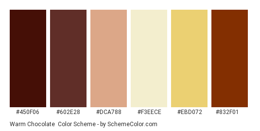 Warm Chocolate - Color scheme palette thumbnail - #450F06 #602E28 #DCA788 #F3EECE #EBD072 #832F01 