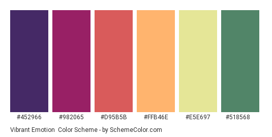 Vibrant Emotion - Color scheme palette thumbnail - #452966 #982065 #D95B5B #FFB46E #E5E697 #518568 