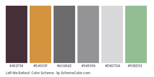 Left Me Behind - Color scheme palette thumbnail - #452f38 #d4933f #6c6b6e #949396 #d8d7da #93be93 