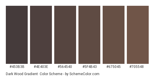 Dark Wood Gradient - Color scheme palette thumbnail - #453B3B #4E403E #564540 #5F4B43 #675045 #705548 