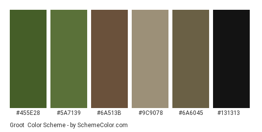 Groot - Color scheme palette thumbnail - #455E28 #5A7139 #6A513B #9C9078 #6A6045 #131313 