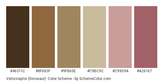 Velociraptor (Dinosaur) - Color scheme palette thumbnail - #46311C #8F683F #9F865E #C9BC9C #C99D9A #A26167 