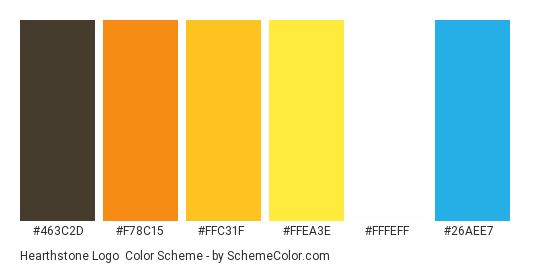 Hearthstone Logo - Color scheme palette thumbnail - #463c2d #f78c15 #ffc31f #ffea3e #fffeff #26aee7 