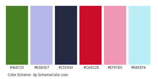Sweet Summer Love - Color scheme palette thumbnail - #468125 #b5b5e7 #232943 #ca0c28 #ef97b5 #bbeef6 