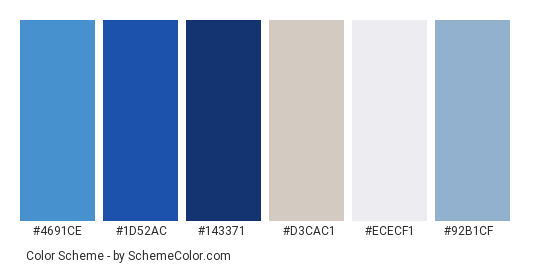 Greek Churches - Color scheme palette thumbnail - #4691ce #1d52ac #143371 #d3cac1 #ececf1 #92b1cf 