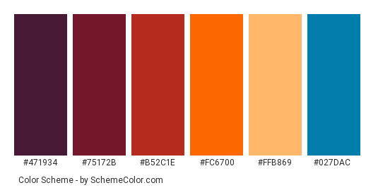 Sunset By The Bay - Color scheme palette thumbnail - #471934 #75172b #b52c1e #fc6700 #ffb869 #027dac 