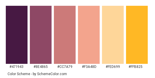 Summer Holiday Evening - Color scheme palette thumbnail - #471943 #8e4865 #cc7a79 #f3a48d #fed699 #ffb825 