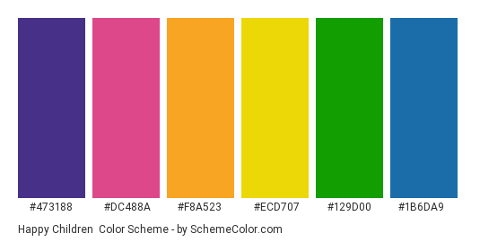 Happy Children - Color scheme palette thumbnail - #473188 #DC488A #F8A523 #ECD707 #129D00 #1B6DA9 