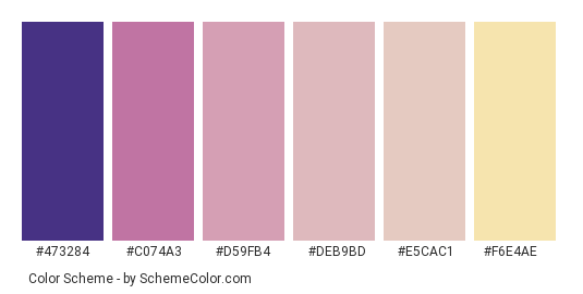 Pink Lotus - Color scheme palette thumbnail - #473284 #c074a3 #d59fb4 #deb9bd #e5cac1 #f6e4ae 