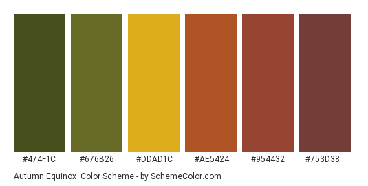 Autumn Equinox - Color scheme palette thumbnail - #474f1c #676b26 #ddad1c #ae5424 #954432 #753d38 