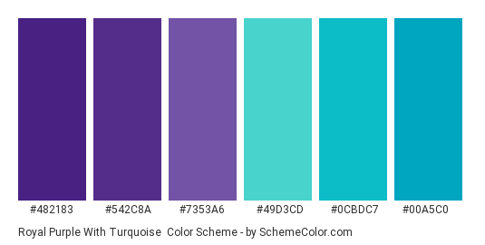 Royal Purple with Turquoise - Color scheme palette thumbnail - #482183 #542c8a #7353a6 #49d3cd #0cbdc7 #00a5c0 