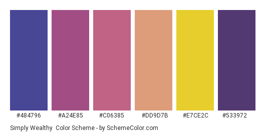 Simply Wealthy - Color scheme palette thumbnail - #484796 #a24e85 #c06385 #dd9d7b #e7ce2c #533972 