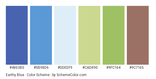 Earthy Blue & Green - Color scheme palette thumbnail - #4863B0 #5B98D6 #DDEEF9 #CAD890 #9FC164 #9C7165 