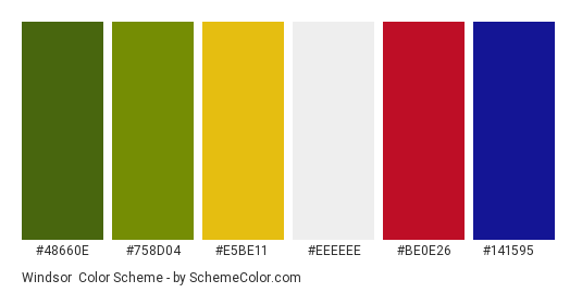 Windsor - Color scheme palette thumbnail - #48660e #758d04 #e5be11 #eeeeee #be0e26 #141595 