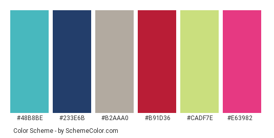 Colorful Winter - Color scheme palette thumbnail - #48b8be #233e6b #b2aaa0 #b91d36 #cadf7e #e63982 