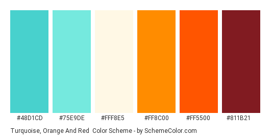 Turquoise, Orange and Red - Color scheme palette thumbnail - #48d1cd #75e9de #fff8e5 #ff8c00 #ff5500 #811b21 