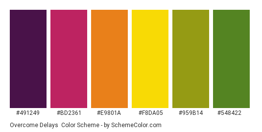Overcome Delays - Color scheme palette thumbnail - #491249 #BD2361 #E9801A #F8DA05 #959B14 #548422 