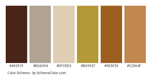 Rustic Pie - Color scheme palette thumbnail - #492519 #b0a394 #dfceb3 #b59937 #9d5f20 #c2864f 