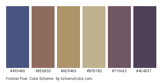 Frontier Post - Color scheme palette thumbnail - #495480 #8e6b5d #ad9469 #bfb18d #715663 #4d4057 