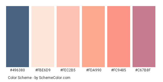 Another Sunset - Color scheme palette thumbnail - #496380 #fbe6d9 #fec2b5 #fda990 #fc9485 #c67b8f 