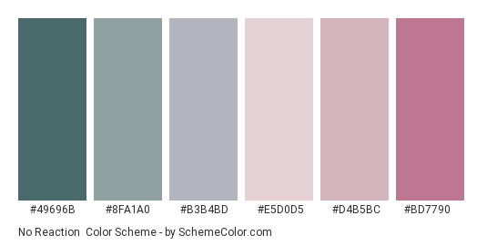 No Reaction - Color scheme palette thumbnail - #49696B #8FA1A0 #B3B4BD #E5D0D5 #D4B5BC #BD7790 