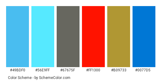 Dolphins Park - Color scheme palette thumbnail - #49bdf0 #56e9ff #67675f #ff1300 #b09733 #0077d5 