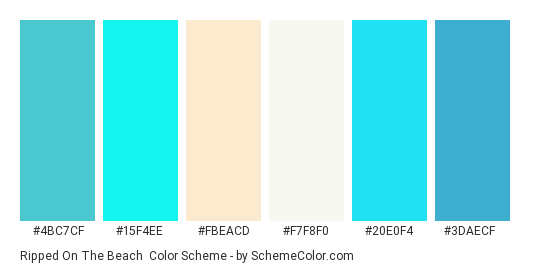 Ripped on the Beach - Color scheme palette thumbnail - #4BC7CF #15F4EE #FBEACD #F7F8F0 #20E0F4 #3DAECF 