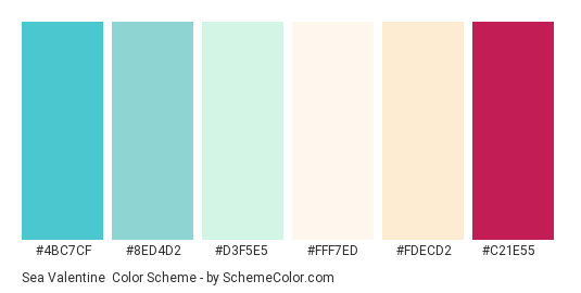 Sea Valentine - Color scheme palette thumbnail - #4BC7CF #8ED4D2 #D3F5E5 #FFF7ED #FDECD2 #C21E55 