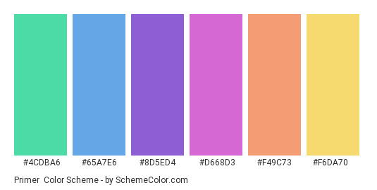 Primer - Color scheme palette thumbnail - #4CDBA6 #65A7E6 #8D5ED4 #D668D3 #F49C73 #F6DA70 