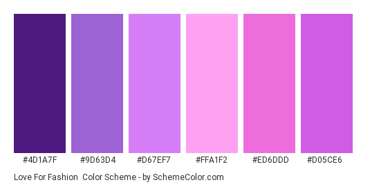Love for Fashion - Color scheme palette thumbnail - #4D1A7F #9D63D4 #D67EF7 #FFA1F2 #ED6DDD #D05CE6 