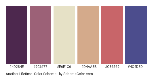 Another Lifetime - Color scheme palette thumbnail - #4D284E #9C6177 #E6E1C6 #D4AA8B #C86569 #4C4D8D 