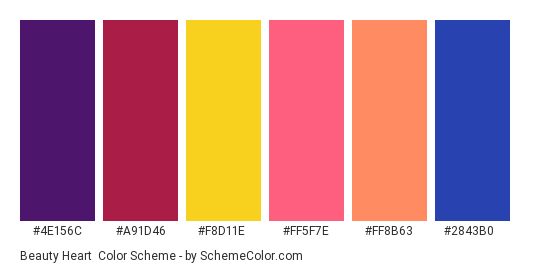 Beauty Heart - Color scheme palette thumbnail - #4E156C #A91D46 #F8D11E #FF5F7E #FF8B63 #2843B0 