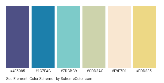 Sea Element - Color scheme palette thumbnail - #4E5085 #1C7FAB #7DCBC9 #CDD3AC #F9E7D1 #EDD885 