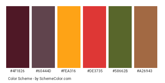 Halloween Wreath - Color scheme palette thumbnail - #4F1826 #60444D #FEA316 #DE3735 #58662B #A26943 