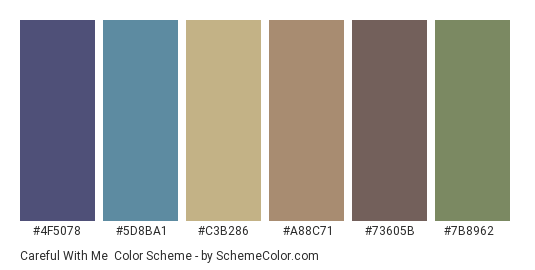 Careful With Me - Color scheme palette thumbnail - #4F5078 #5D8BA1 #C3B286 #A88C71 #73605B #7B8962 